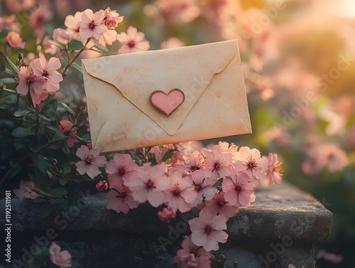 a vintage cream-colored envelope partially open, with a bouquet of heart-shaped flowers spilling out. the envelope rests on a stone bench surrounded by blooming pink blossoms and greenery.