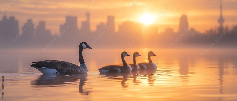 Fototapeta premium Geese at sunrise, city skyline, calm lake. Nature scene
