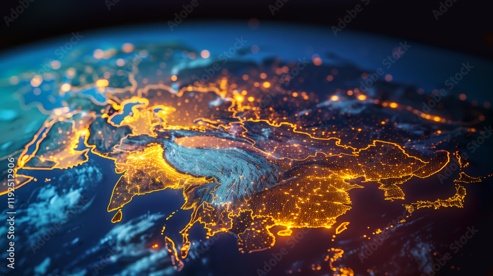 Fototapeta premium Satellite view of Earth globe from space, city lights by night, Asia map, China India