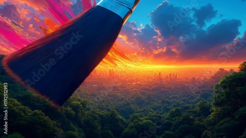 Giant paintbrush paints vibrant strokes, transforming into cities and forests. A surreal metaphor for how present actions shape the future through color and creativity