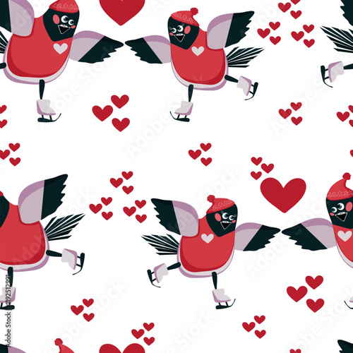 Seamless pattern cartoon bullfinches in love on skates among hearts - vector background for packaging design, fabric