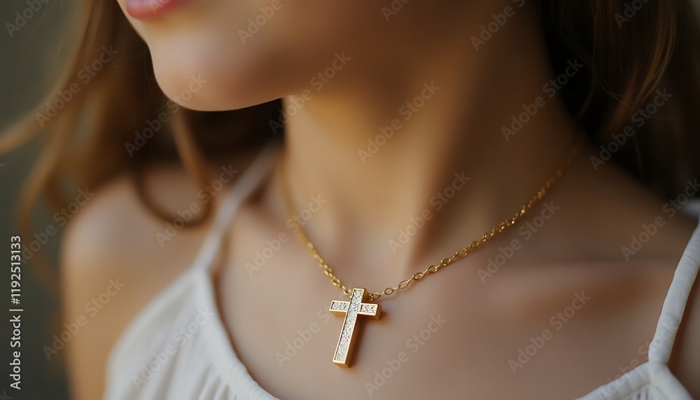 Golden Christian cross worn as a necklace by a young woman