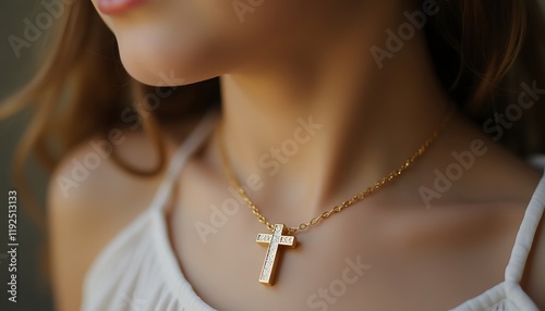 Obraz na płótnie Golden Christian cross worn as a necklace by a young woman w salonie