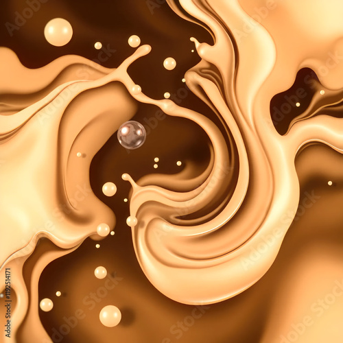 Smooth waves and swirls of milk and coffee captured in a dynamic abstract style. Modern background