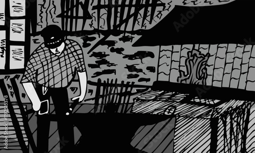 Smith during work - Black ink and digital washes - Ink Art - Hand drawn