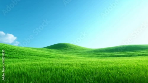 Endless green hills stretch across the horizon, bathed in sunlight under a vibrant blue sky. A serene and minimalist scene of nature's tranquility and beauty