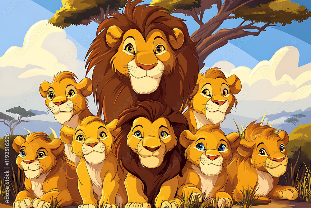 A group of animated lions with playful expressions in a vibrant savanna setting. A group of animated lions with playful expressions in a vibrant savanna setting.
