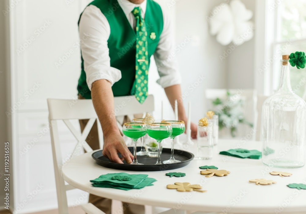 Man in green vest arranging drinks on table for St. Patrick's Day celebration Man in green vest arranging drinks on table for St. Patrick's Day celebration