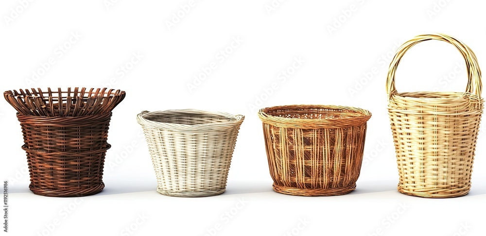 Four Wicker Baskets Displayed In A Row On White Background Four Wicker Baskets Displayed In A Row On White Background