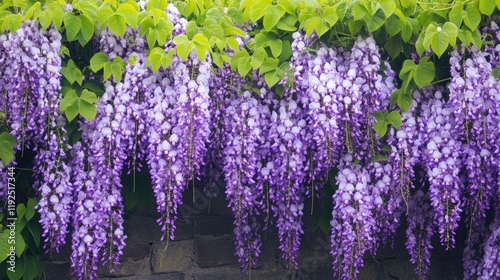 Purple wisteria blooms cascade over green leaves on a rustic stone backdrop.  photo