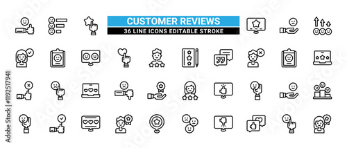 36 Customer Reviews Line Icons Set Pack Editable Stroke Vector Illustration.