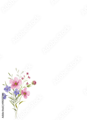 Floral background, greeting card with place for text, with flowers and leaves, hand drawing. Birthday, wedding, bridal invitation.