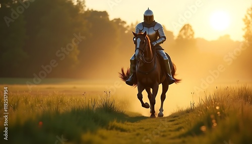 A medieval knight in plate armor is riding a horse in a field viewed against sunlight