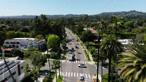 Aerial Beautiful Shot Of Tall Rodeo Drive Trees In Residential City By Mountains, Drone Ascending Forward Over Cars Moving On Road - Beverly Hills, California