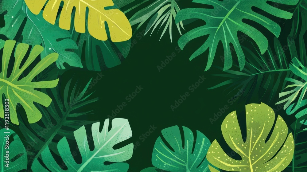 Naklejka premium Seamless tropical leaf pattern in green and yellow on dark background, creating a vibrant jungle-inspired design