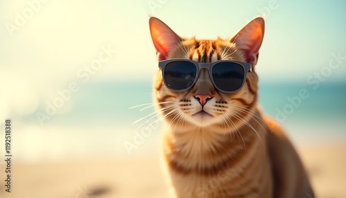 A large mature cat wearing sunglasses on the beach is seen in front of the waves