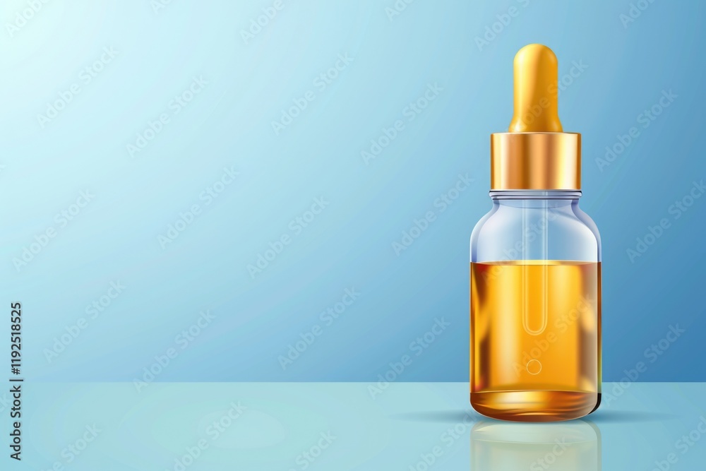 Fototapeta premium Transparent amber serum bottle with dropper on reflective surface and light blue background