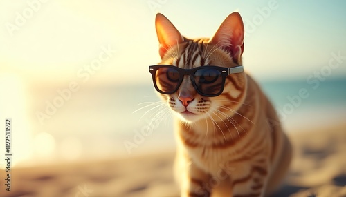 A large mature cat wearing sunglasses on the beach is seen in front of the waves