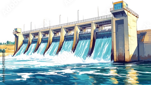 A stylized illustration of a hydroelectric dam releasing water, showcasing the power of renewable energy. photo