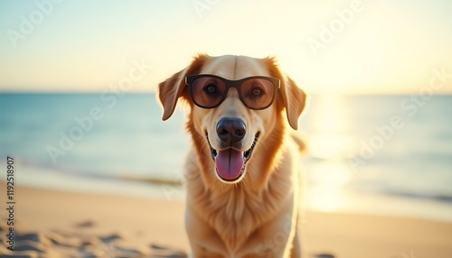 A large dog wearing sunglasses on the beach is seen in front of the waves