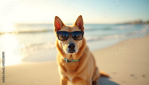 A large dog wearing sunglasses on the beach is seen in front of the waves