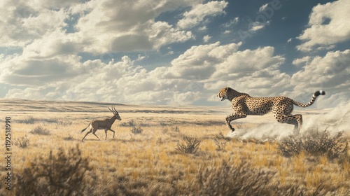 Cheetah chasing antelope in African savanna under cloudy sky photo