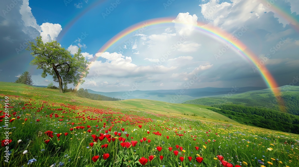 Naklejka premium A double rainbow arches over a field of wildflowers.
