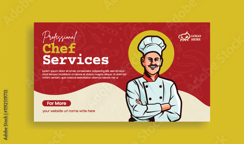 online chef cooking class horizontal banner and culinary training center web banner template with chef flat illustration, restaurant food banner design