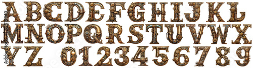 Isolated Letters A to Z and Figures 0 to 9 in Steampunk style mainly metal brown copper and wood with many gears and lots of details