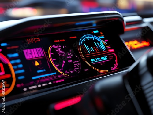 An 80s-inspired dashboard with glowing holographic widgets, vintage fonts, and neon-infused analog dials in a high-tech setting photo