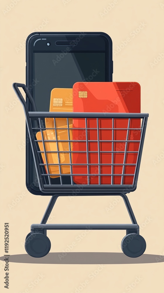 Phone and credit cards in shopping cart on beige background Phone and credit cards in shopping cart on beige background