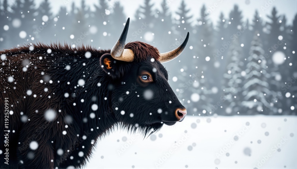 Majestic bull standing in snowy forest during winter snowfall Majestic bull standing in snowy forest during winter snowfall
