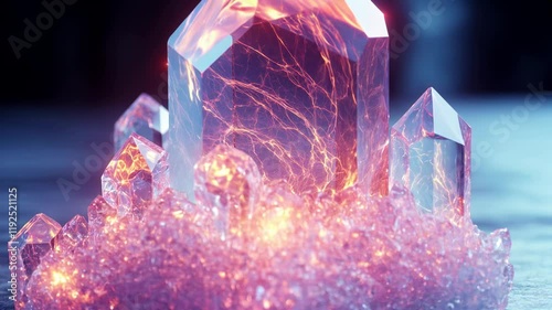 Transparent crystal with pulsating energy and molecular chains inside symbolizes innovative energy storage technology with the potential to transform the future