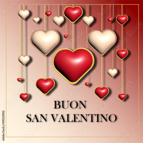 Fotografija A Valentine's Day card with hanging red and gold hearts on a gradient background, featuring the Italian text Buon San Valentino