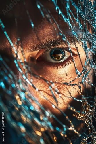 Close-up of an individual's eye with a chain wrapped around the eye, suitable for use in various contexts such as crime dramas or fantasy scenes