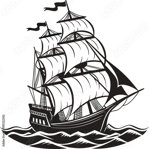 Vintage Sailing Ship Illustration in Black and White with Detailed Sails and Rigging