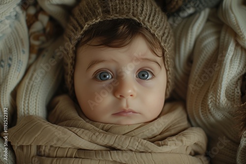 An adorable baby with large blue eyes wrapped in a cozy knit blanket, exuding innocence and warmth. photo