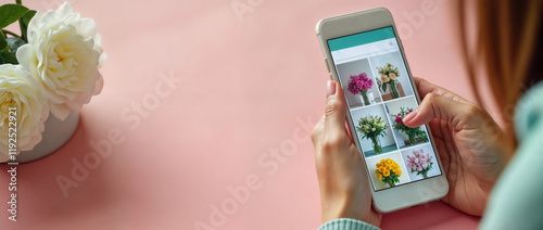 person ordering flowers online holding a smartphone 	