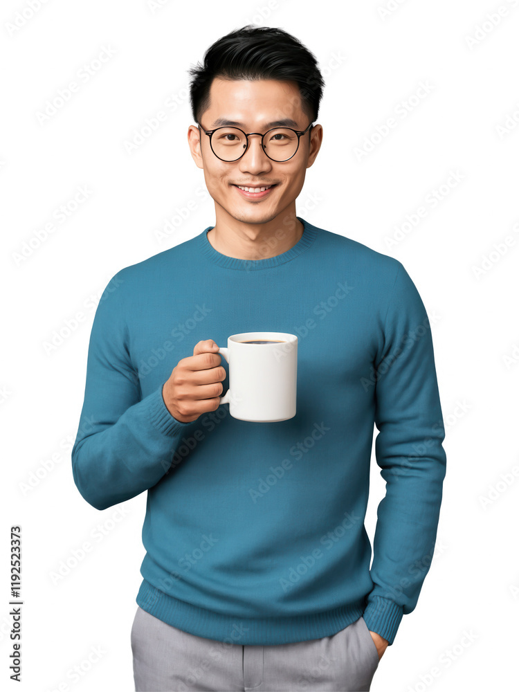 Smiling East Asian man in glasses, holding coffee mug, cozy sweater, relaxed pose, isolated background. Smiling East Asian man in glasses, holding coffee mug, cozy sweater, relaxed pose, isolated background.