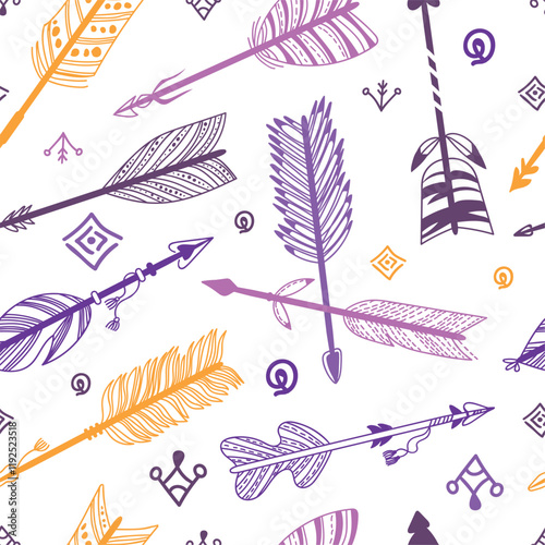 Tribal arrows seamless pattern. Boho ethnic longbow elements. Repeated print doodle style. Feathered weapons. Native American hunters bow. Arrowhead aiming. Splendid vector background