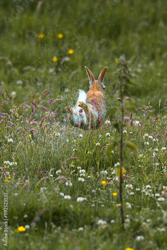 rabbit hare running away in the wet field flowers