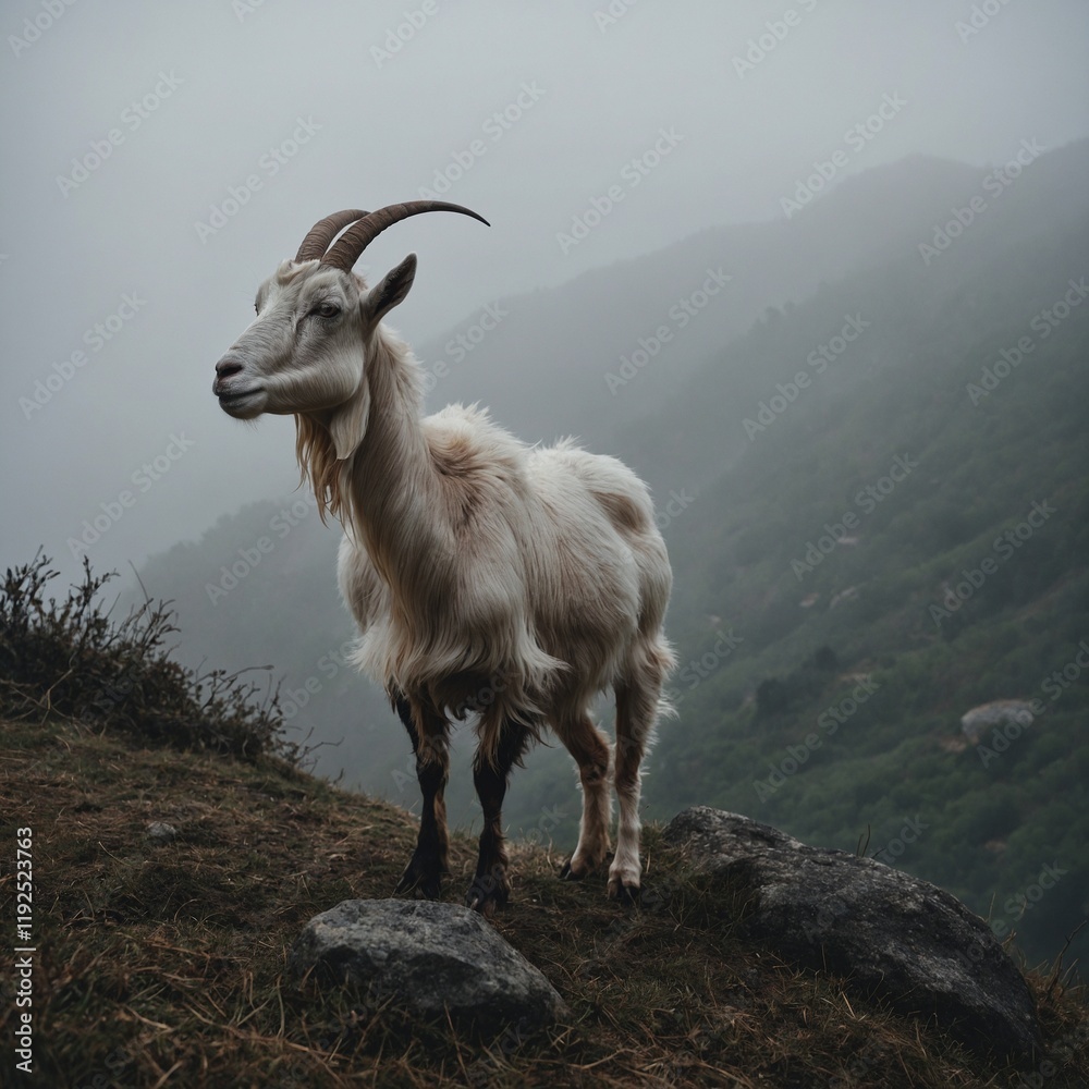 Obraz premium A goat on a foggy hilltop with only its silhouette visible.
