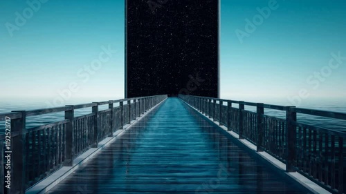 Surreal bridge vanishes into a giant mirror reflecting infinite space, symbolizing hidden paths to new opportunities revealed only by taking the first step