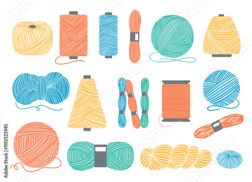 Cartoon wool and spools. Sewing threads. Knitting or crochet yarn. Skeins and balls. Knit bobbins. Handcraft dressmaking elements. Embroidery rolls. Tailor equipment. Splendid vector set