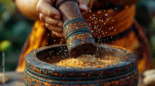 Fototapeta Naklejka Na Ścianę i Meble -  Hands using a mortar and pestle to grind sesame seeds, creating a vibrant and textured image.  The richly decorated pestle and mortar add cultural detail.