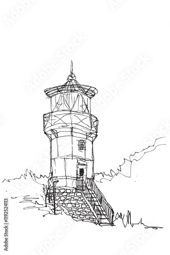 Scenic Lighthouse Tower, simple vector sketch at white background