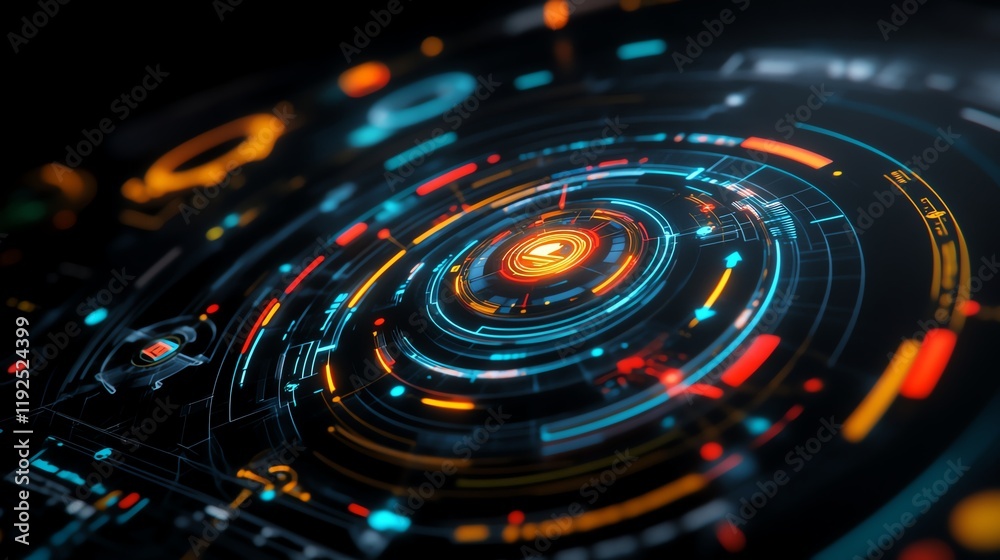 Neon glowing virtual display, advanced interactive panels, futuristic visuals, 3D illustration Neon glowing virtual display, advanced interactive panels, futuristic visuals, 3D illustration