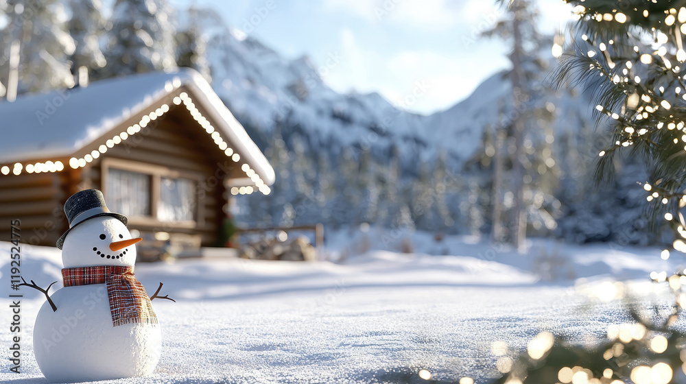 Naklejka premium Cozy cartoon cabin with snowman in winter landscape, evoking joy