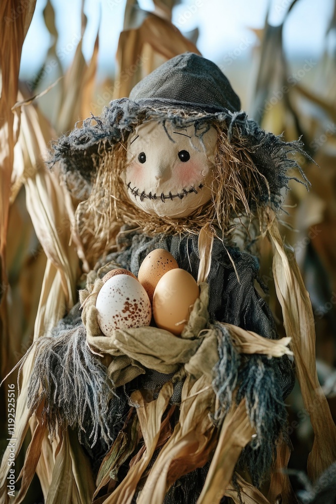 A traditional farmer's scarecrow standing amidst a cornfield with eggs placed at its feet, ideal for agriculture or rural-themed contexts A traditional farmer's scarecrow standing amidst a cornfield with eggs placed at its feet, ideal for agriculture or rural-themed contexts