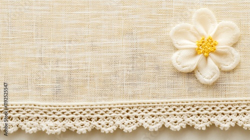 Embroidered flower on beige linen fabric with lace trim